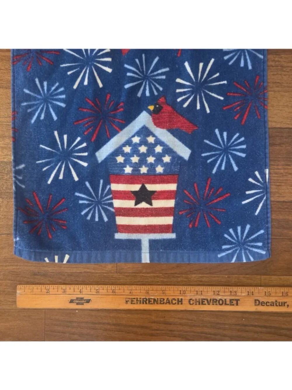 2 Patriotic Hand Towels All Cotton Kitchen or Bath Cardinal Birdhouse FIreworks